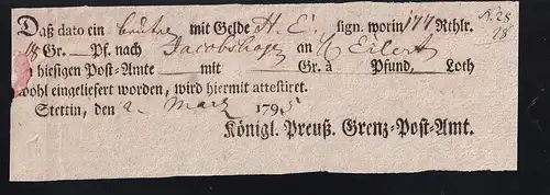 1791 Ortsdruck-Postschein des Königl. Preuß. Grenz=Post=Amt Stettin