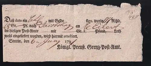 1791 Ortsdruck-Postschein des Königl. Preuß. Grenz=Post=Amt Stettin