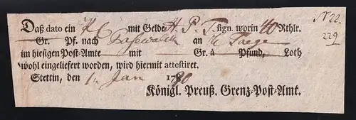 1790 Ortsdruck-Postschein des Königl. Preuß. Grenz=Post=Amt Stettin