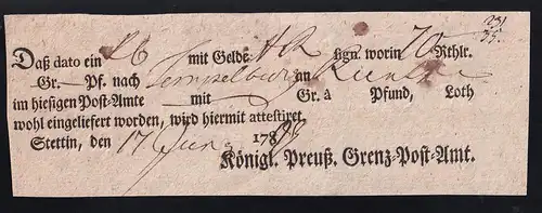 1793 Ortsdruck-Postschein des Königl. Preuß. Grenz=Post=Amt Stettin