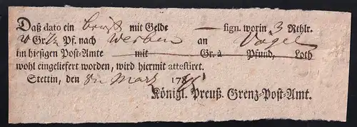 1795 Ortsdruck-Postschein des Königl. Preuß. Grenz=Post=Amt Stettin