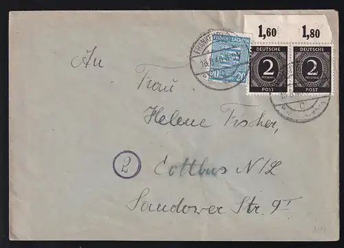 Wappen 20 Pfg. und Tiffer 2 Pfg. (waager. Oberrandpaar) auf Brief ab Frankfurt (Oder) 18.8.46