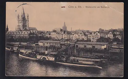 Cöln a. Rh. Rheinpartie am Bollwerk, Karte kl. Einriss und min. Eckbug