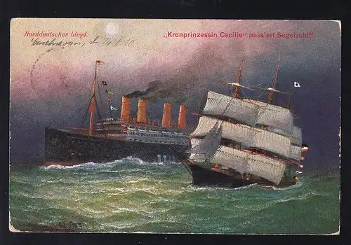 Dampfer "Kronprinzessin Cecilie" passiert Segelschiff, Künstlerkarte