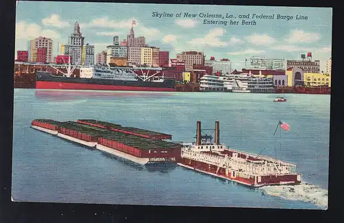 Skyline of New Orleans and Federal Barge Line Entering her Berth