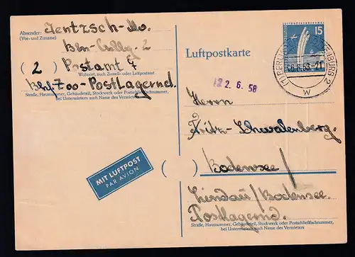 Berliner Bauten II 15 Pfg. Luftpostkarte ab Berlin-Charlottenburg 06.6.58 nach Lindau/Bodensee