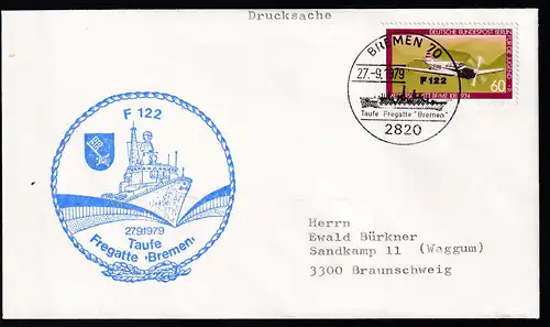 BREMEN 70 2820 Taufe Fregatte "Bremen" F 122 27.9.1979 + Cachet auf Brief