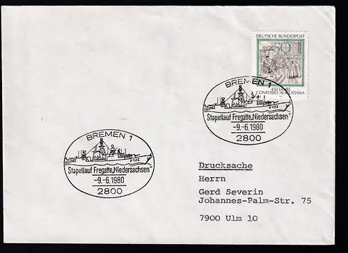 BREMEN 1 2800 Stapellauf Fregatte "Niedersachseb" 9.6.1980 auf Brief