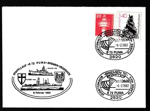 BREMEN 1 2800 SCHNELLBOOT KLASSE 143A STAPELLAUF am 8.Feb.82 S 72 PUMA 8.2.1982