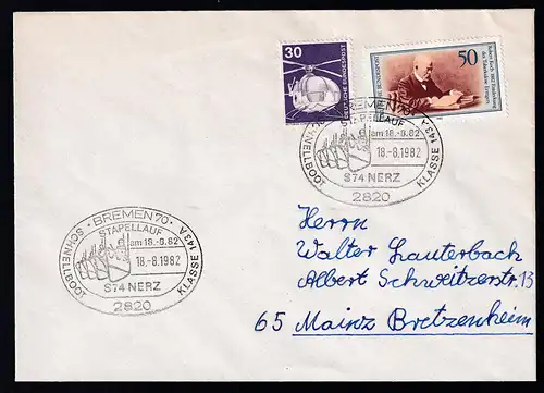 BREMEN 70 2820 SCHNELLBOOT KLASSE 143A STAPELLAUF am 18.8.82 S 74 NERZ 18.8.82 auf Brief