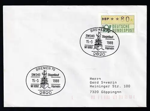 BREMEN 70 2820 SM 343 Stapellauf M 1092 Hameln 15.3.1988 auf Brief