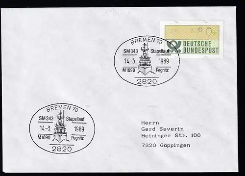 BREMEN 70 2820 SM 343 Stapellauf M 1090 Pegnitz 14.3.1989 auf Brief