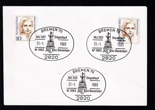 BREMEN 70 2820 MJ 332 Stapellauf M 1063 Bad Bevensen 21.1.1993 auf Postkarte 