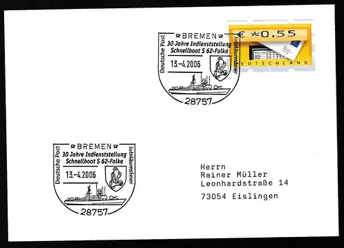 BREMEN 28757 Deutsche Post Jubil#umdfeier 30 Jahre Indienststellung Schnellboot S 62-Falke 