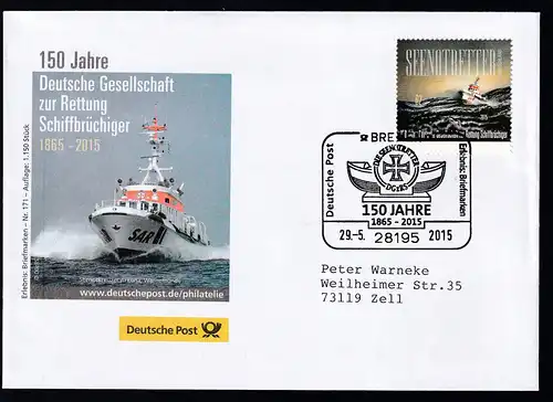 BREMEN 28195 Deutsche Post Erlebnis Briefmarken DIE SEENOTRETTER DGzRS 150 JAHRE 1865-2015 