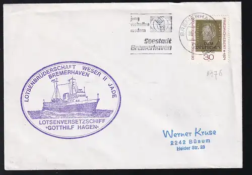 OSt. Bremerhaven 10.3.75 + Cachet Lotsenversetzschiff Gotthilf Hagen auf Brief