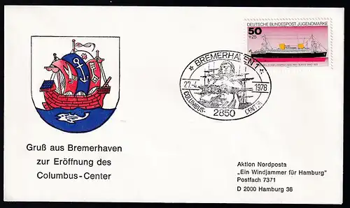 BREMERHAVEN 1 2850 COLUMBUS-CENTER 27.4.1978 auf Sonderumschlag