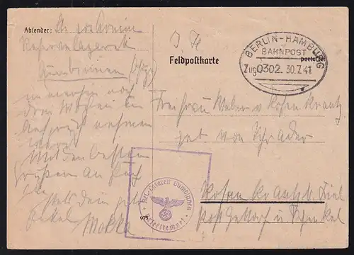 BERLIN-HAMBURG BAHNPOST Zug 0302 30.7.41 + Briefstempel Res.-Lazarett Gumbinnen