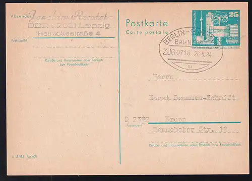 BERLIN-STRALSUND BAHNPOST m ZUG 0718 28.5.84 auf Ganzsache