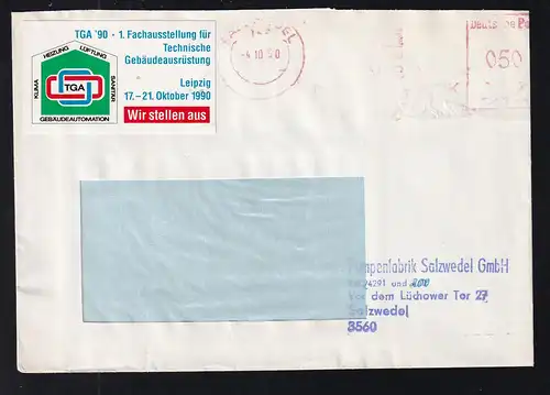 1990 Freistempel der Pumpenfabrik Salzwedel mit Vignette der TGA' 90 Leipzig