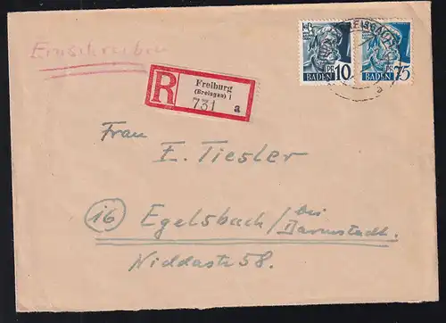 Freimarken 10 Pfg. und 75 Pfg. auf R-Brief ab Freiburg (Breisgau) nach Egelsbach