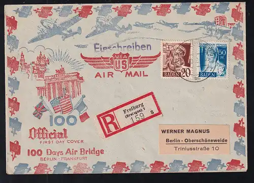 Freimarken 20 Pfg. und 50 Pfg. auf R-Brief (Luftbrücken-Umschlag) ab Freiburg (Breisgau) 