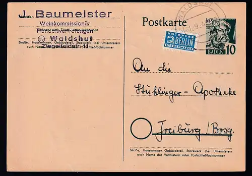 Ganzsache 10 Pfg. als Firmenpostkarte (J. Baumeister, Waldshut) ab Waldshut 1.9.49 