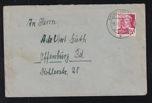 Freimarken 20 Pfg. auf Brief ab Bühl(Baden) 18.3.49 nach Offenburg