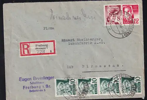 Freimarken 8 Pfg., 10 Pfg. (4x) und 12 Pfg. auf R-Brief ab Freiburg (Breisgau) 13.12.48 