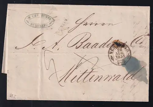 K2 NÜRNBERG 26 AUG 1851 auf Brief nach Mittemwald