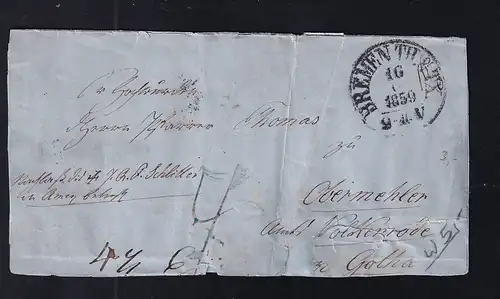 K1 BREMEN 16 6b 1859 auf Briefstück nach Obermeehlen 