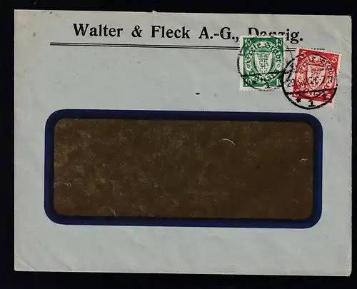 Wappen 5 Pfg. und 10 Pfg. auf Fensterbrief der Walter & Fleck A.-G.,  Danzig