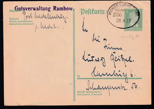 WISMAR-LUDWIGSLUST BAHNPOST ZUG ? 28.3.27 auf Ganzsache