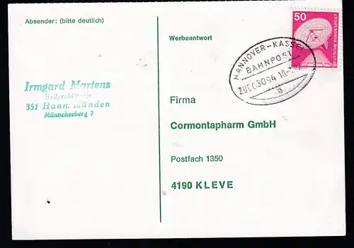 HANNOVER-KASSEL BAHNPOST a ZUG 08094 10.1.82 auf Postkarte