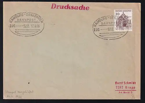 HAMBURG-OSNABRÜCK BAHNPOST ZUG 522 17.8.66 auf Brief