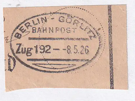 BERLIN-GÖRLITZ BAHNPOST Zug 192 8.5.26 auf Briefstück