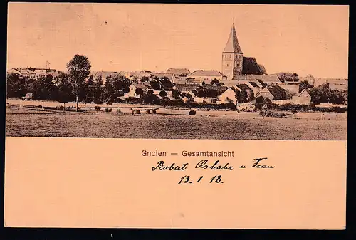 DEMMIN-TREPIOW (TOLLENSE) BAHNPOST ZUG 15 12.1.19 auf AK (Gnoien Gesamtansicht)