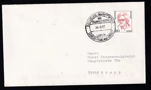DEUTSCHE SCHIFFSPOST MS TRANSEUROPA LÜBECK LÜBECK-FINNLAND-DIENST 24.6.01 auf Brief