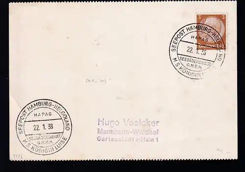 SEEPOST HAMBURG-HELGOLAND HAPAG SEEBÄDERDIENST G.M.B.H. MS KÖNIGIN LUISE 22.1.38 