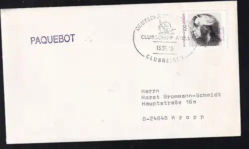 DEUTSCHE SCHIFFSPOST CLUBSCHIFF AIDA CLUBREISEN 13.06.96 + L1 PAQUEBOT auf Brief