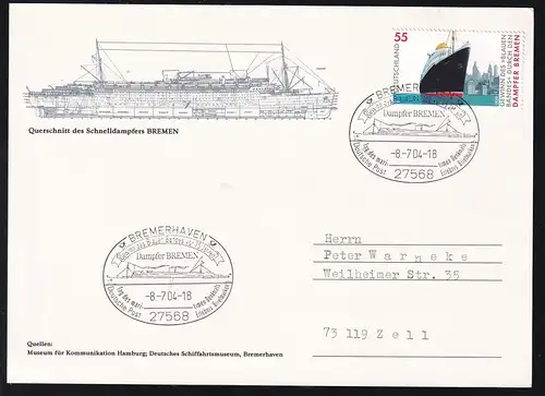 BREMERHAVEN 2768 Deutsche Pos Erlebnis Briefmarken Gewinn des Blauen Bandes vor 75 Jahren 