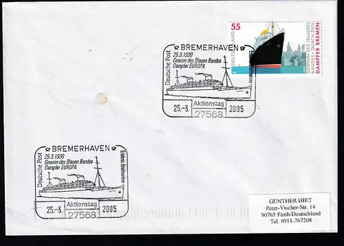 BREMERHAVEN 2768 Deutsche Post Erlebnis Briefmarken 25.3.1930 Gewinn des Blauen Bandes 