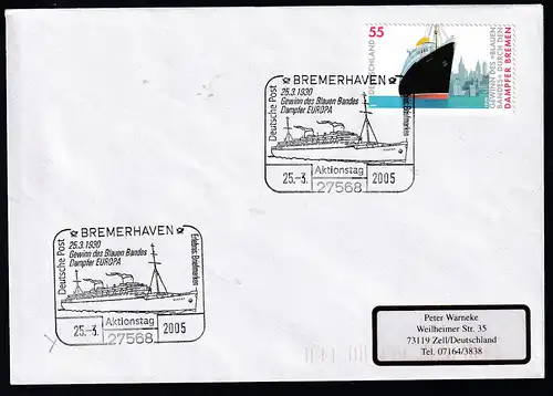 BREMERHAVEN 2768 Deutsche Post Erlebnis Briefmarken 25.3.1930 Gewinn des Blauen Bandes 