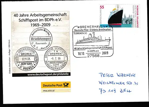 BREMERHAVEN 27568 Deutsche Post-Erlebnis Briefmarken TS BREMEN (V) 40 Jahre 