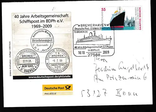 BREMERHAVEN 27568 Deutsche Post-Erlebnis Briefmarken TS BREMEN (V) 40 Jahre 