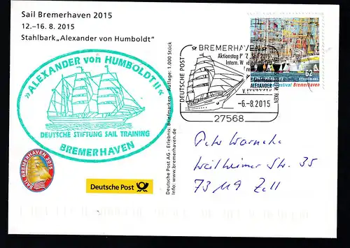 BREMERHAVEN 27568 DEUTSCHE POST ERLEBNIS BRIWFMARKEN Aktionstag PWZ "Sail 2015 