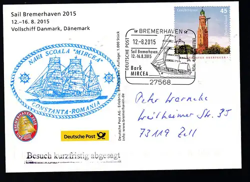 BREMERHAVEN 27568 DEUTSCHE POST ERLEBNIS BRIWFMARKEN Sail Bremerhaven 12.-16.8.2015 