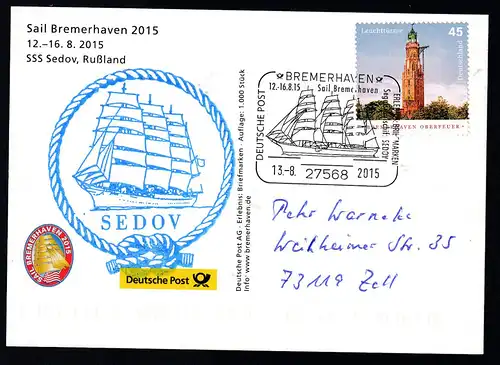 BREMERHAVEN 27568 DEUTSCHE POST ERLEBNIS BRIWFMARKEN 12.-16.8.15 Sail Bremerhaven 