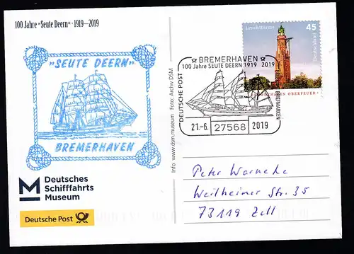 BREMERHAVEN 27568 Deutsche Post Erlebnis Briefmarken 100 Jahre SETE DEERN  1919-2019
