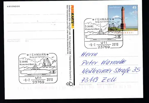 FEHMARN 23769 Burg auf Fehmarn 5 JAHRE Museums-U-Boot U 11 9.7.2010 auf Ganzsache